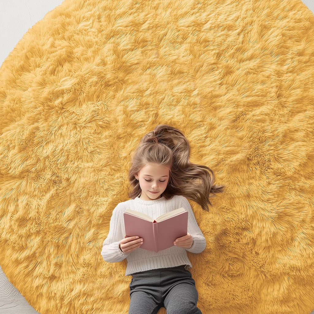 OLANLY Mustard Yellow Round Rug - Soft, Fluffy Shaggy Carpet | 7 ft Machine Washable Area Rug for Bedroom & Living Room Decor
