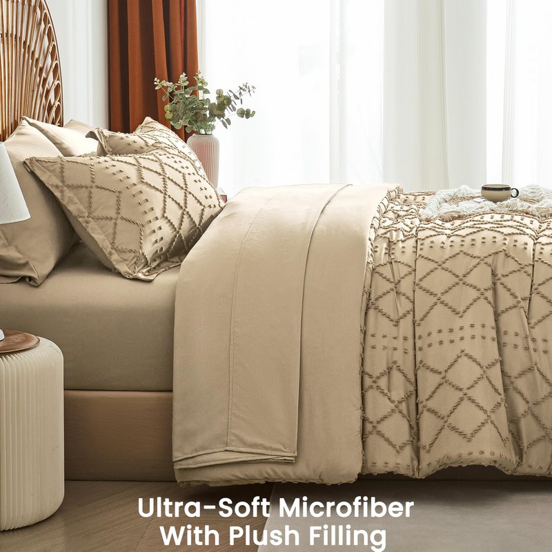 ALAOOKKA Khaki Tufted Comforter Set Queen Size 7 Piece Bed in a Bag,Shabby Chic Boho Comforter and Sheet Set,All Season Soft Microfiber Complete Bedding Set(Khaki,90"x90")