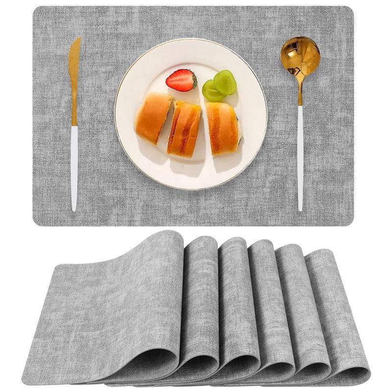 Boobezeen Faux Leather Placemats Set of 6, Heat Resistant Wipeable Washable Vinyl Place Mats, Waterproof Anti-Slip Dining Table Mats, Suitable for Indoor & Outdoor Use (Light Grey)