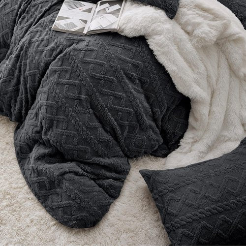 Bedsure Fluffy Flannel Duvet Cover Set - Faux Fur Comforter Cover Queen Size, Dark Grey Warm Plush Bedding for Winter, 3-Piece Set with Zipper Closure (90"x90") and 2 Pillow Shams