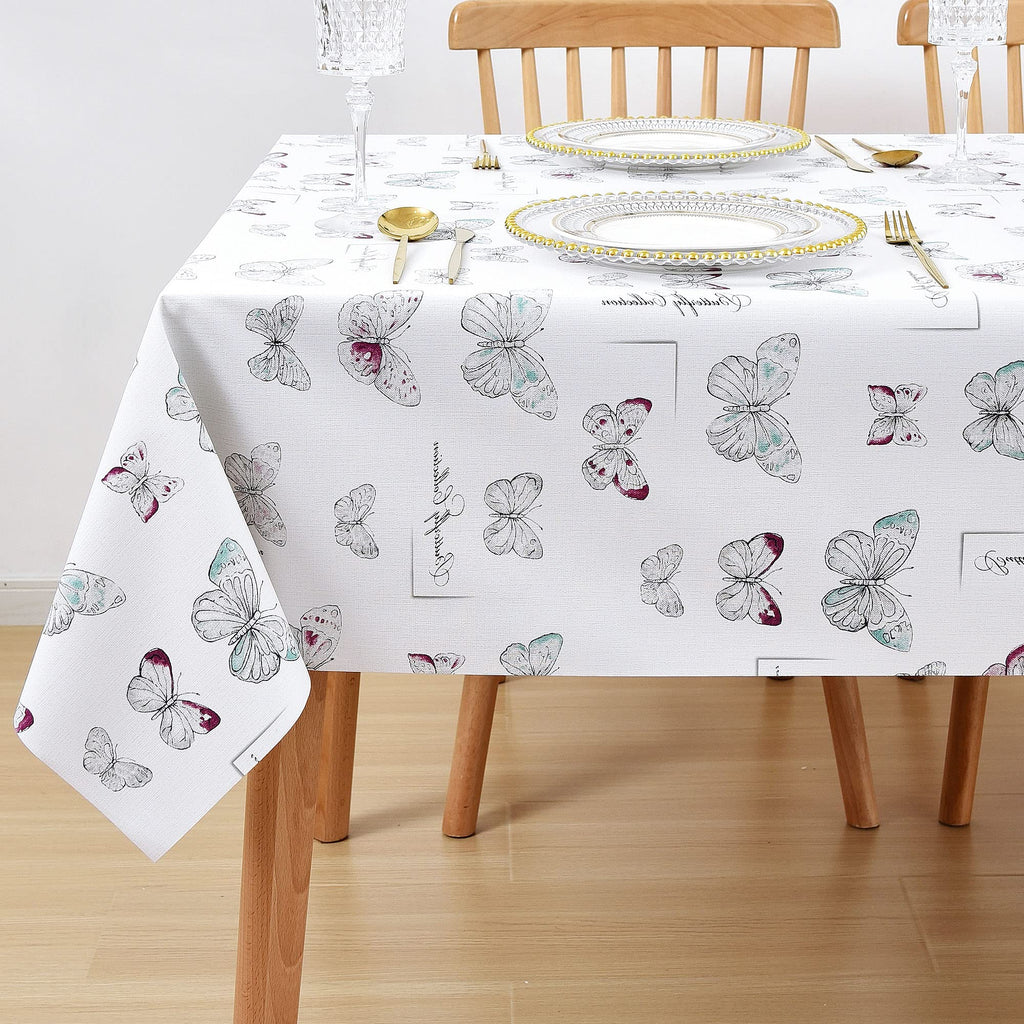 LOHASCASA Vinyl Table Cloth 9ft Plastic Tablecloth, Wipeable Oilcloth Table Covers, Waterproof PVC Rectangle/Oblong Rustic Baby Showe Camping Tablecloth for Picnic Tables, Patio, BBQ, White Butterfly