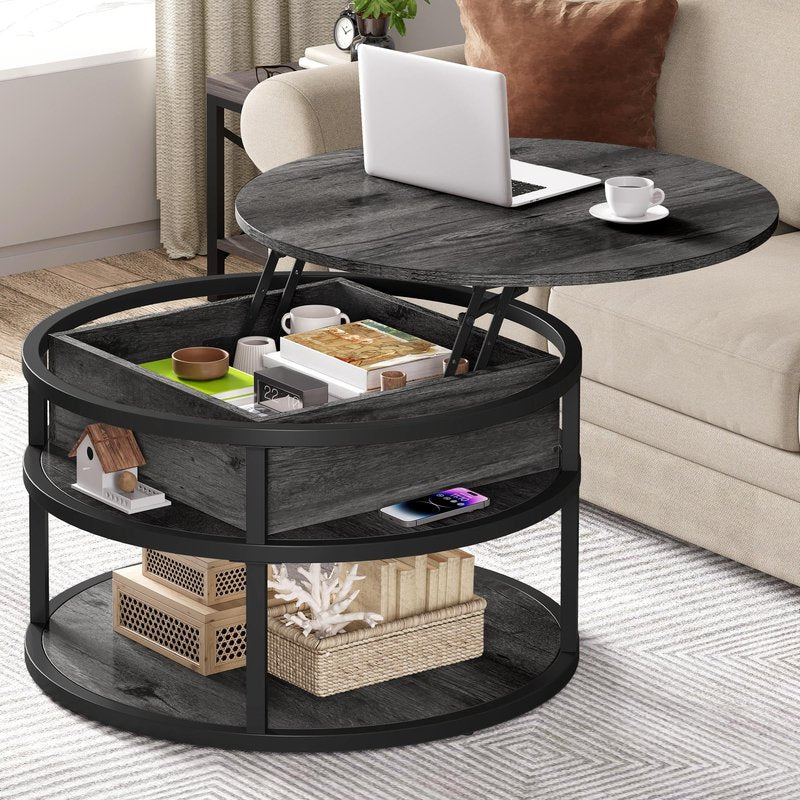 DWVO Round Coffee Tables for Living Room, Lift Top Coffee Table with Storage, Farmhouse Wood Coffee Table, Circle Small Coffee Tables Living Room for Home Decir Office, Grey