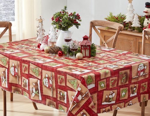 Newbridge Holiday Forest Friends Red & Tan Christmas Vinyl Tablecloth with Flannel Backing – 52 x 70 Inch Rectangle – Cute Woodland Animals, Fox, Owl, Bear & Tree Print Table Cover