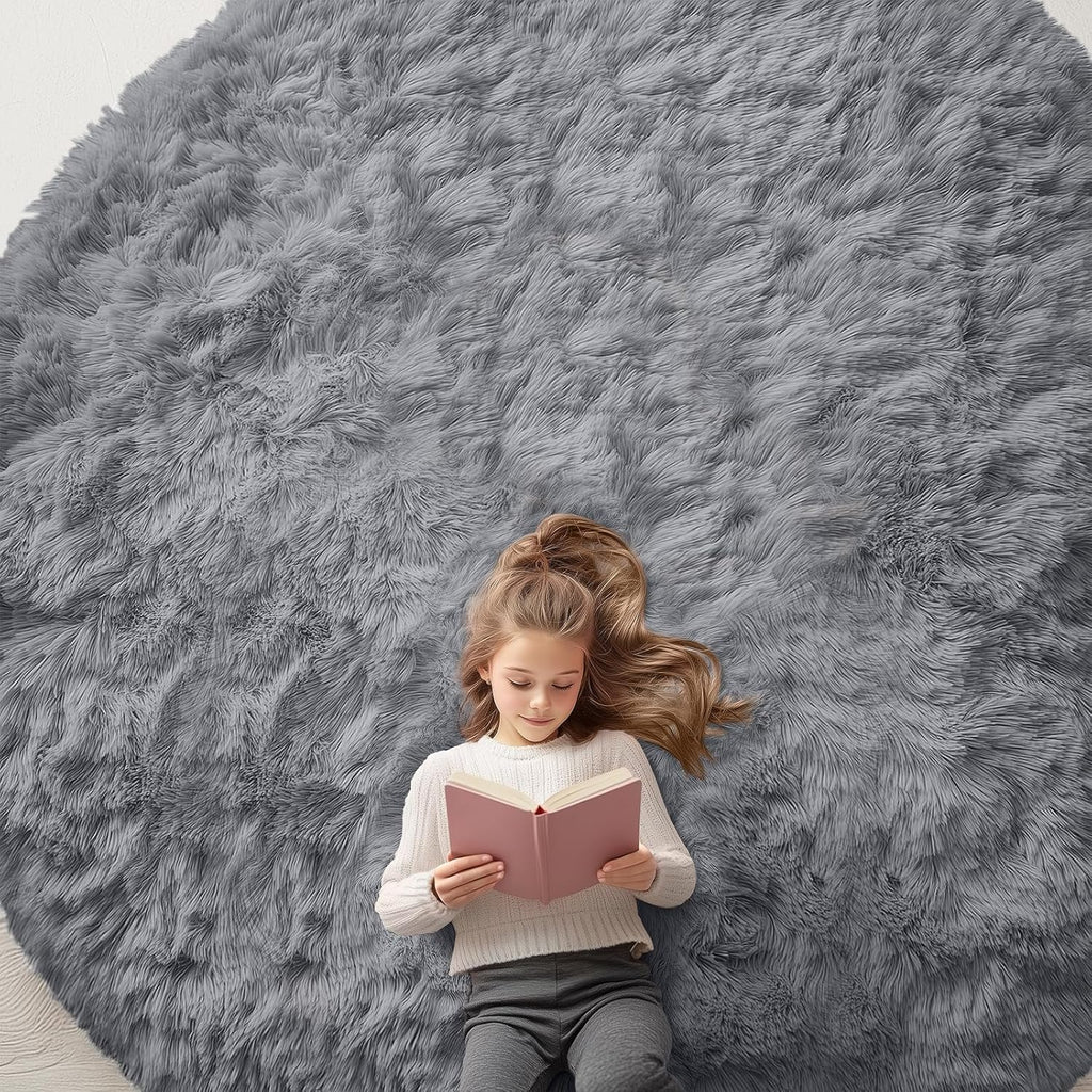 OLANLY Round Light Grey Area Rug - Soft, Fluffy, Machine Washable 9 ft Circle Carpet for Bedrooms & Living Rooms
