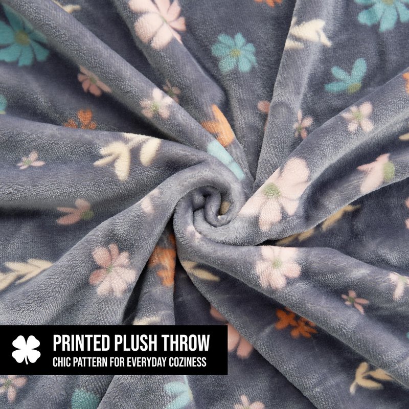 Lucky Brand Luxurious Fuzzy Blanket for Sofa or Bed, Tossed Blooms Plush Throw Blanket, 50" x 70", Gray Floral