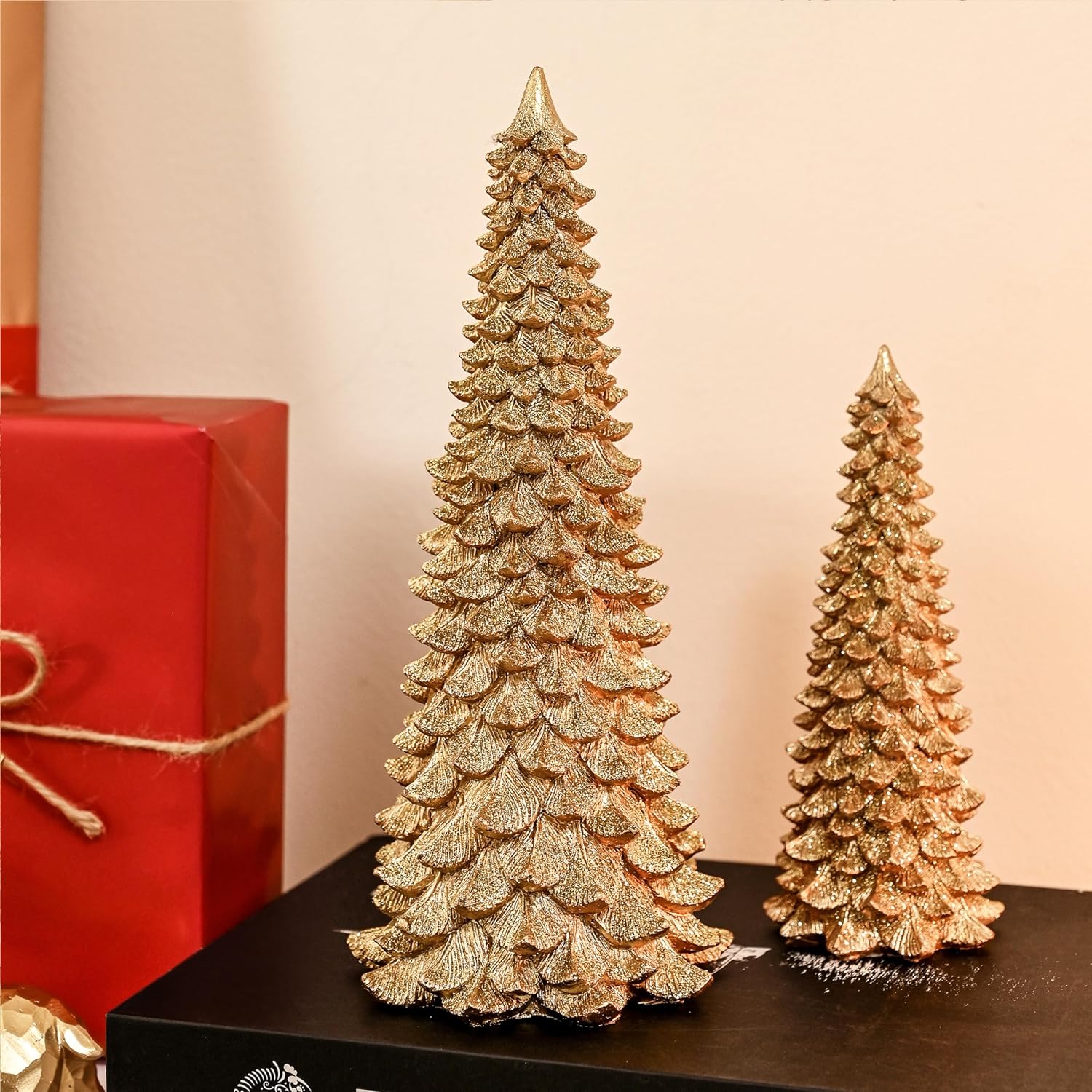 AOMOONOA Gold Christmas Tree Figurines - 2Pcs Resin Glitter Tabletop Decor | Small Xmas Trees for Home