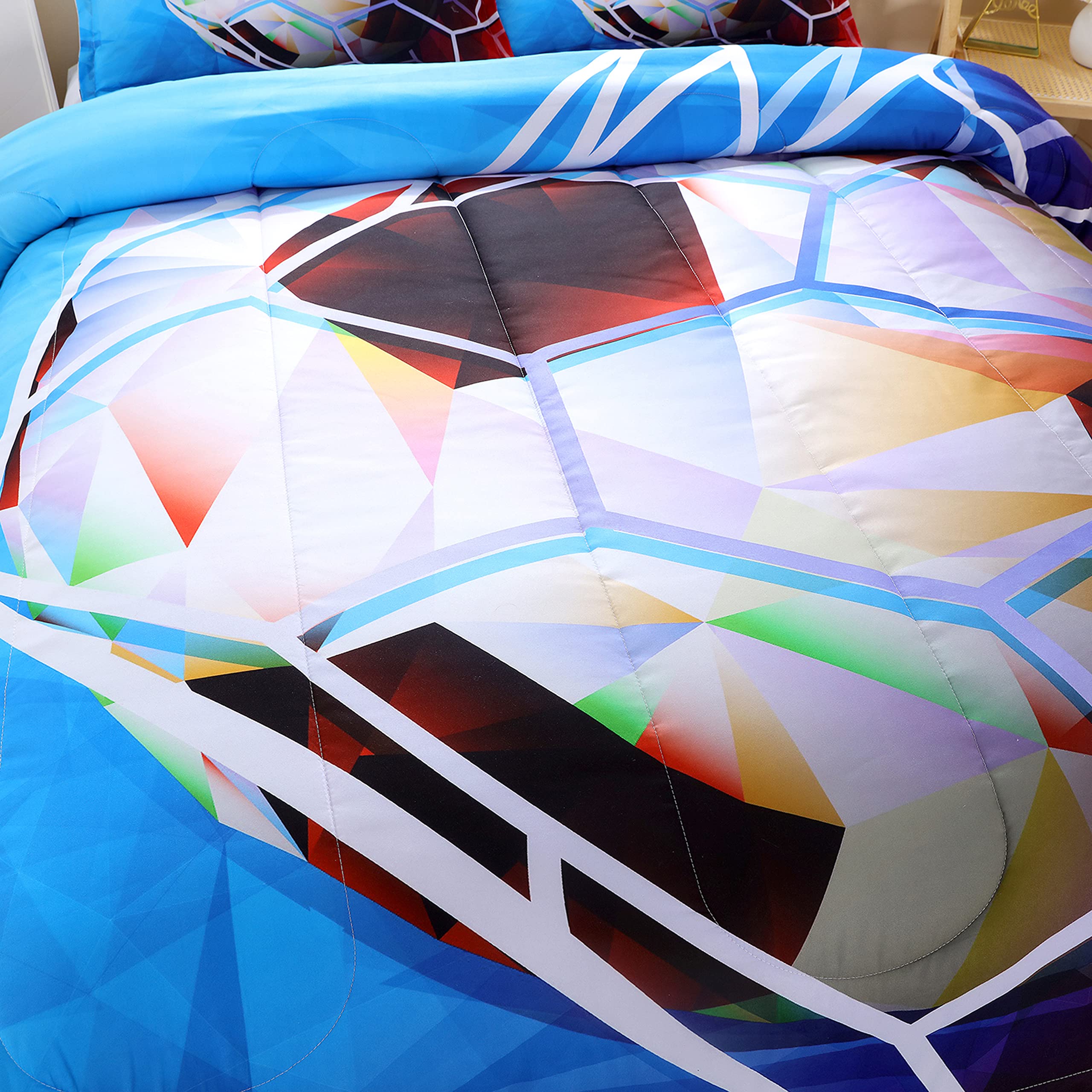 Suncloris 3D Football Comforter Set for Boys, Queen Size Sports Bedding Comforter Soccer Themed Bedding Comforter with 2 Football Patterned Pillowcases - 90"x90" (Queen, 01)