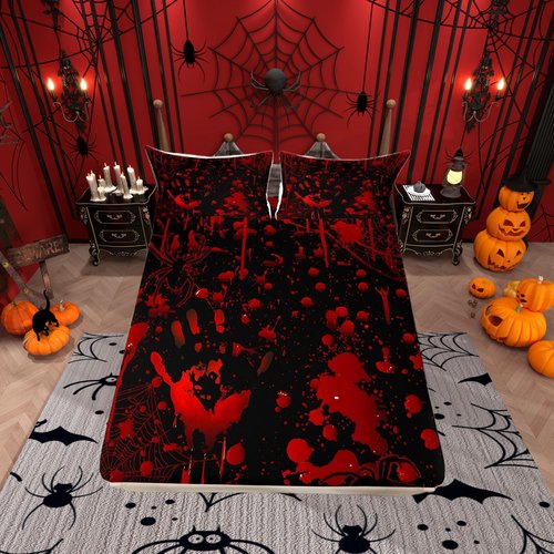 Red Blood Fingerprint Fitted Sheet Queen Size Black Spider Bedding Set Halloween Theme Sheet Set,Spider Web Bed Cover Ultra Soft Breathable Bedspread 3 Pcs for Kids Teens Boys No Flat Sheet