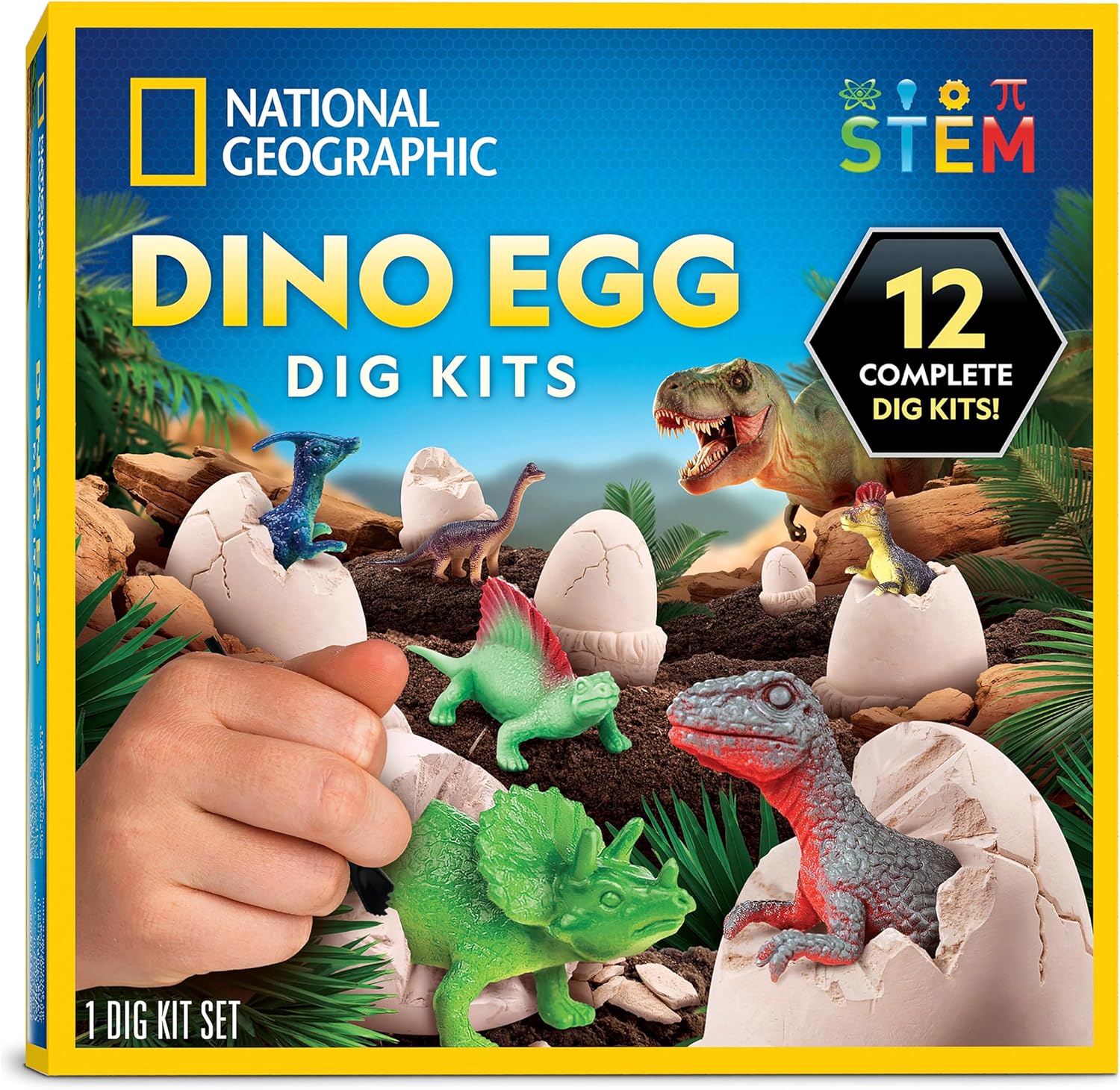 National Geographic Dinosaur Dig Kit - 12 Dino Shaped Dig Bricks with Figures & Excavation Tools | STEM Toy for Kids