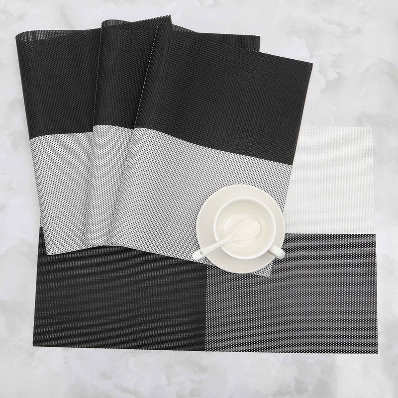 HeloHo Placemats Set of 6 Black and White Placemats Heat-Resistant Washable Vinyl Woven Table Mats Wipeable Placemat for Kitchen Dining Table Decoration Indoor Outdoor