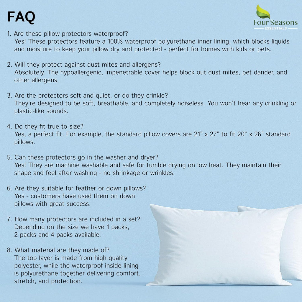 Zippered Waterproof Pillow Protectors by Standard | Hypoallergenic Dust & Allergen Proof - Set of 2