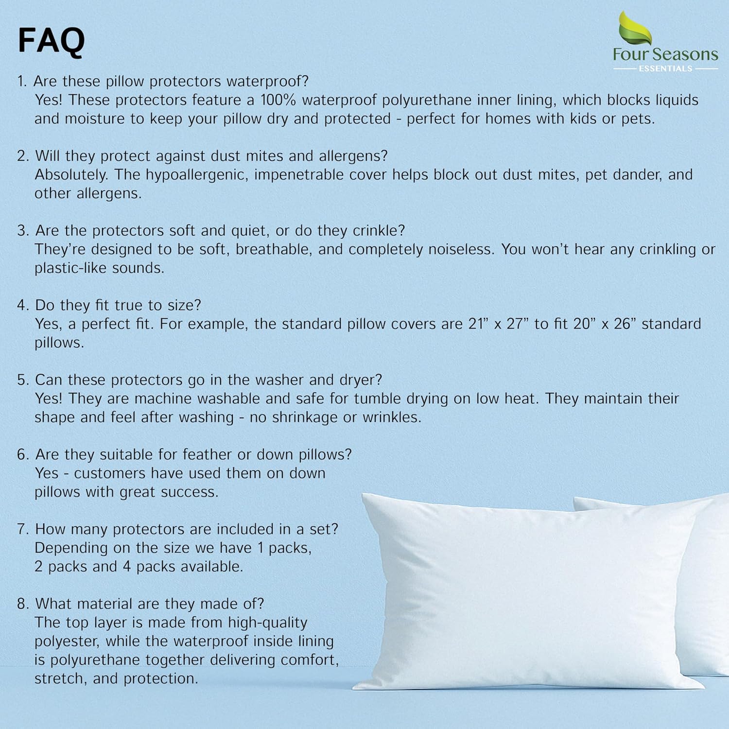 Zippered Waterproof Pillow Protectors by Standard | Hypoallergenic Dust & Allergen Proof - Set of 2
