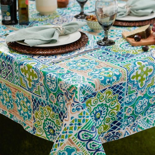 DII Spanish Tile Print Collection, Flannel Backed Tablecloth, 60 x 84, Multi Color