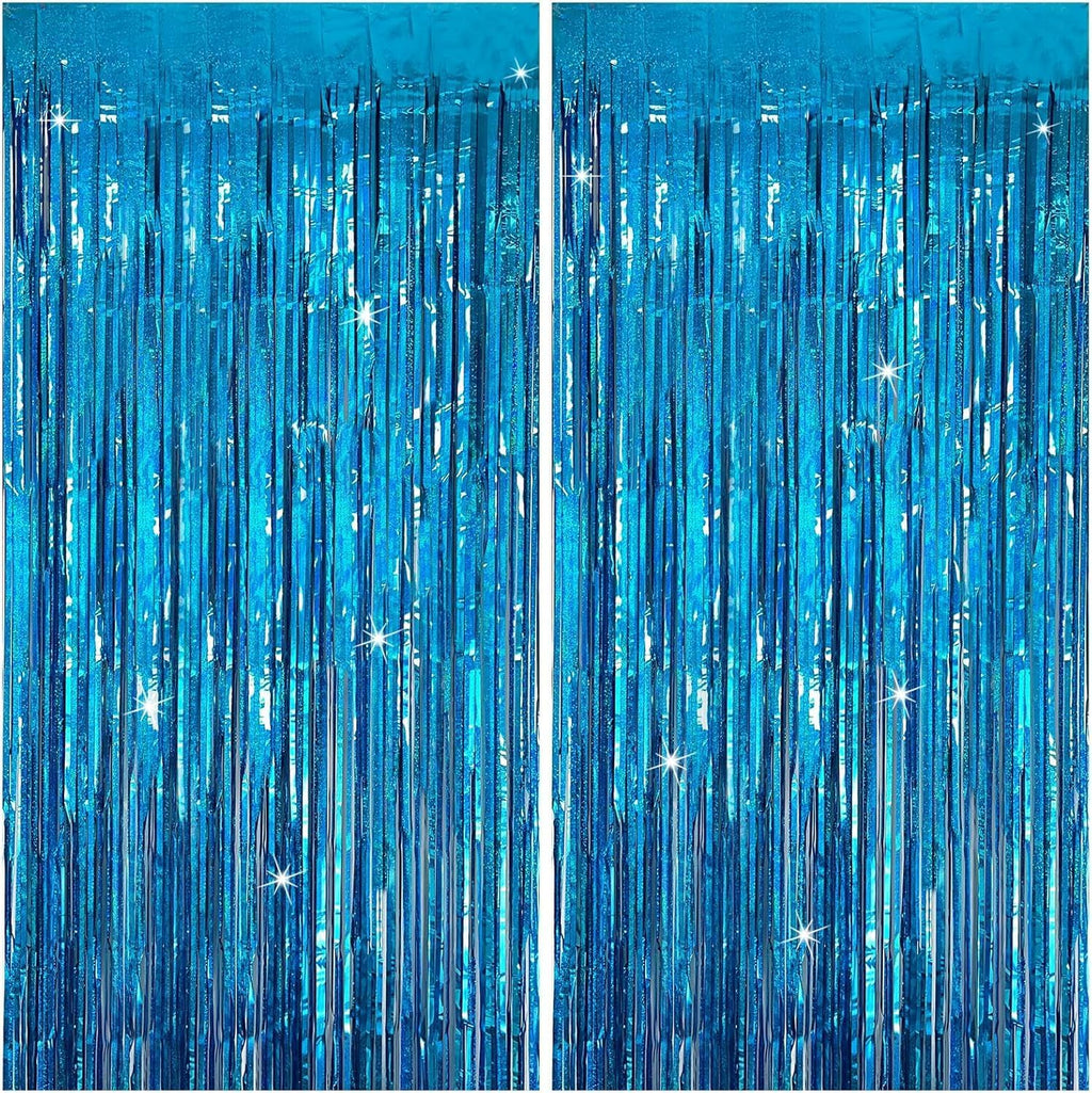 Skiennix 2-Pack Blue Party Backdrop Curtains - Metallic Tinsel Foil Fringe for Ocean-Themed Decor