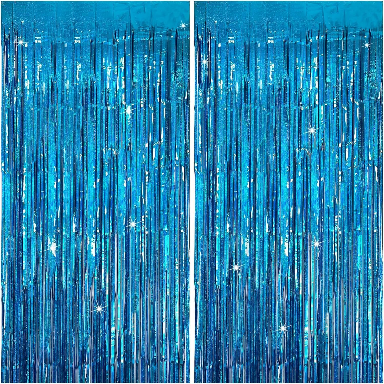 Skiennix 2-Pack Blue Party Backdrop Curtains - Metallic Tinsel Foil Fringe for Ocean-Themed Decor