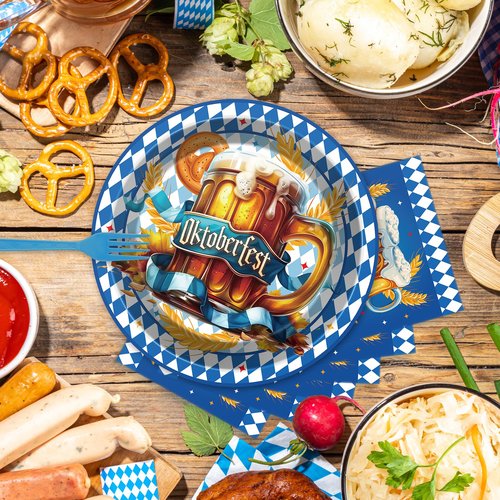 VorkiVecKi Oktoberfest Party Supplies Plates - 96 Pcs Bavarian Paper Plate Set Napkins Forks Tableware Disposable Serving, Blue Flag Check Party Decorations for Men German Beer Festival Celebrations