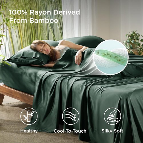 Bedsure King Size Cooling Sheets Set - Breathable Bamboo Rayon, Soft & Luxurious, Deep Pocket 16" - Forest Green