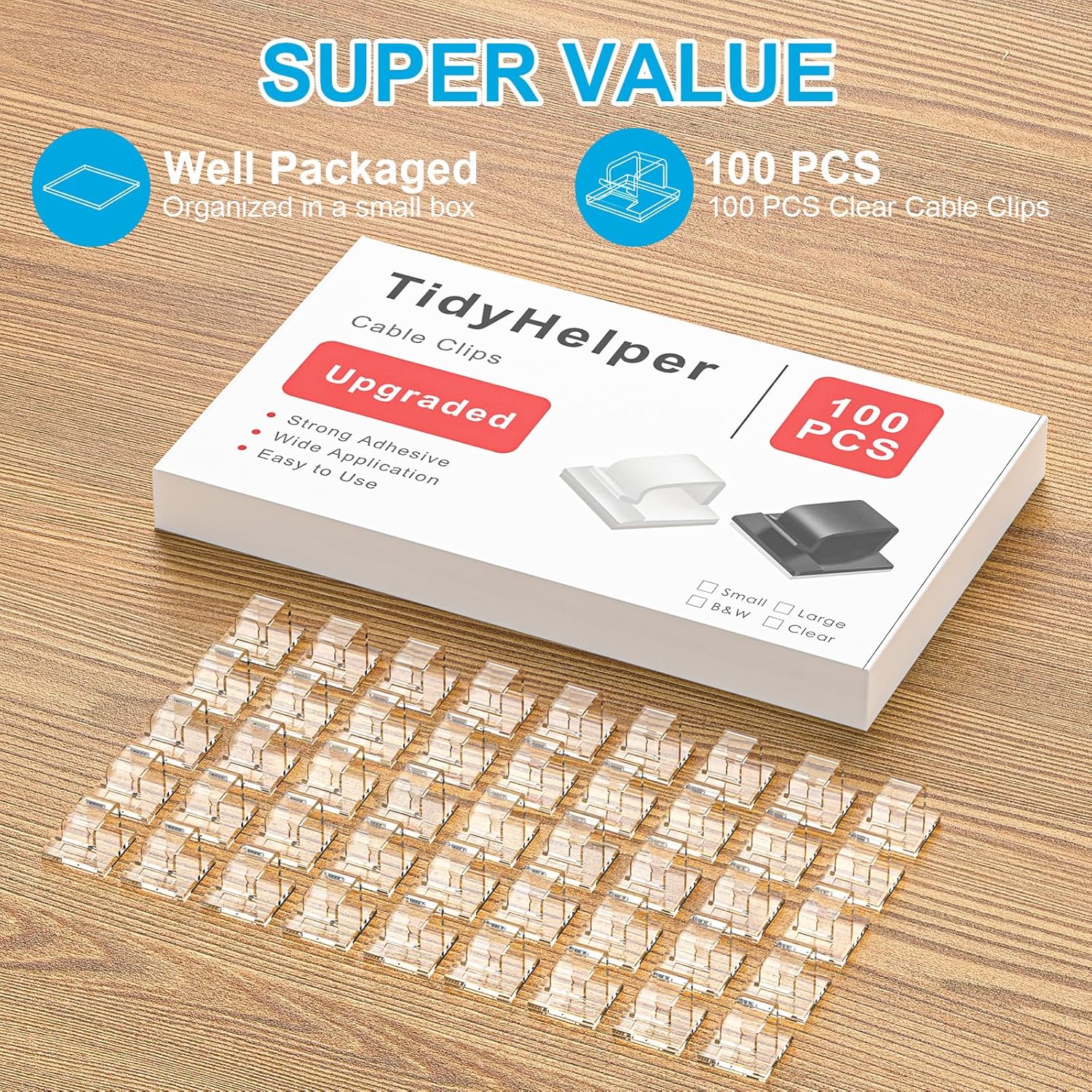 Skiennix Cable Clips - Upgraded Adhesive Cord Organizers for Strong Wire Management | 100 PCS, Small, Clear