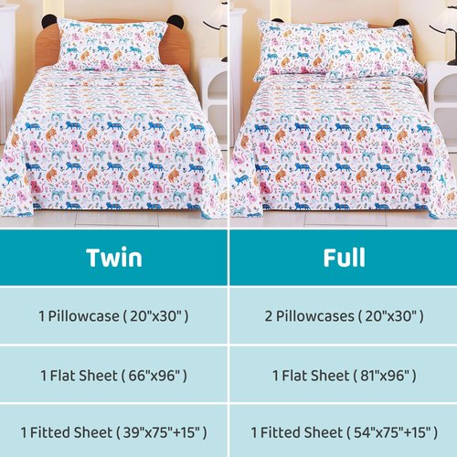 Viviland 3 Pieces Girls Pink Cat Twin Sheet Set - Soft Microfiber Fitted Flat Sheets & Pillowcase - Kids Colorful Floral Leaf Print Bedding Sets - for Kids & Toddlers
