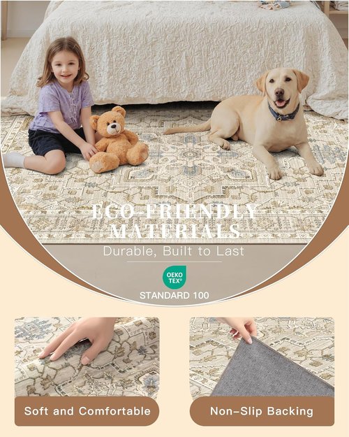 Madane Hallway Runner - Vintage Washable Kitchen Rug | Non-Slip Indoor Area Carpet (3x8, Beige/Blue)