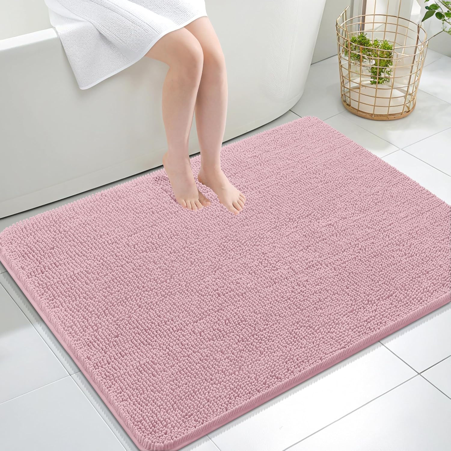 OLANLY Large Bath Rugs - Extra Soft Chenille with Quick-Dry Rubber Backing | 40x32, Dusty Rose