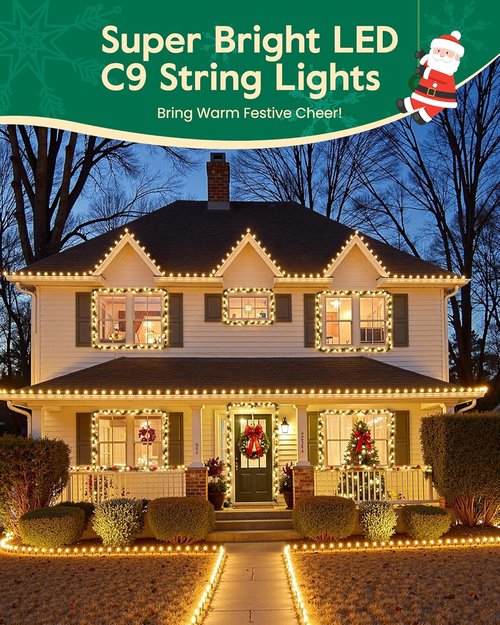 C9 Christmas Lights - 100 LED Waterproof String Lights for Outdoor Decor | 65FT Warm White with 100 Spring Clips