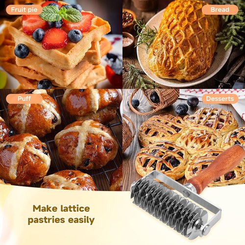 WarmHut Pastry Lattice Roller Cutter, Stainless Steel Dough Cutter Wheel with Wood Handle, Time-Saver Baking Tools for Beef Wellington Pie Crust Pizza Bread, JKUS20408