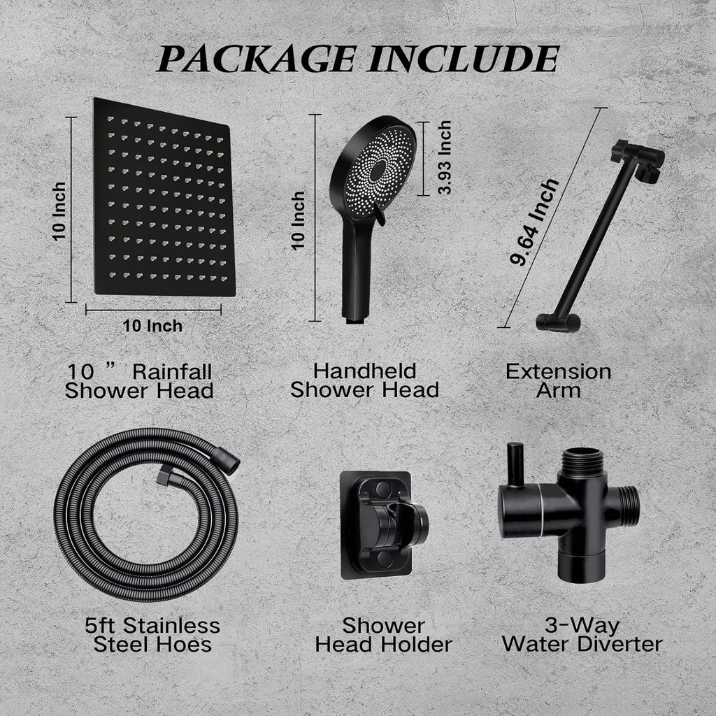 Skiennix 10” Rain Shower Head - High Pressure Handheld Spray Combo with Adjustable Arm | Matt Black