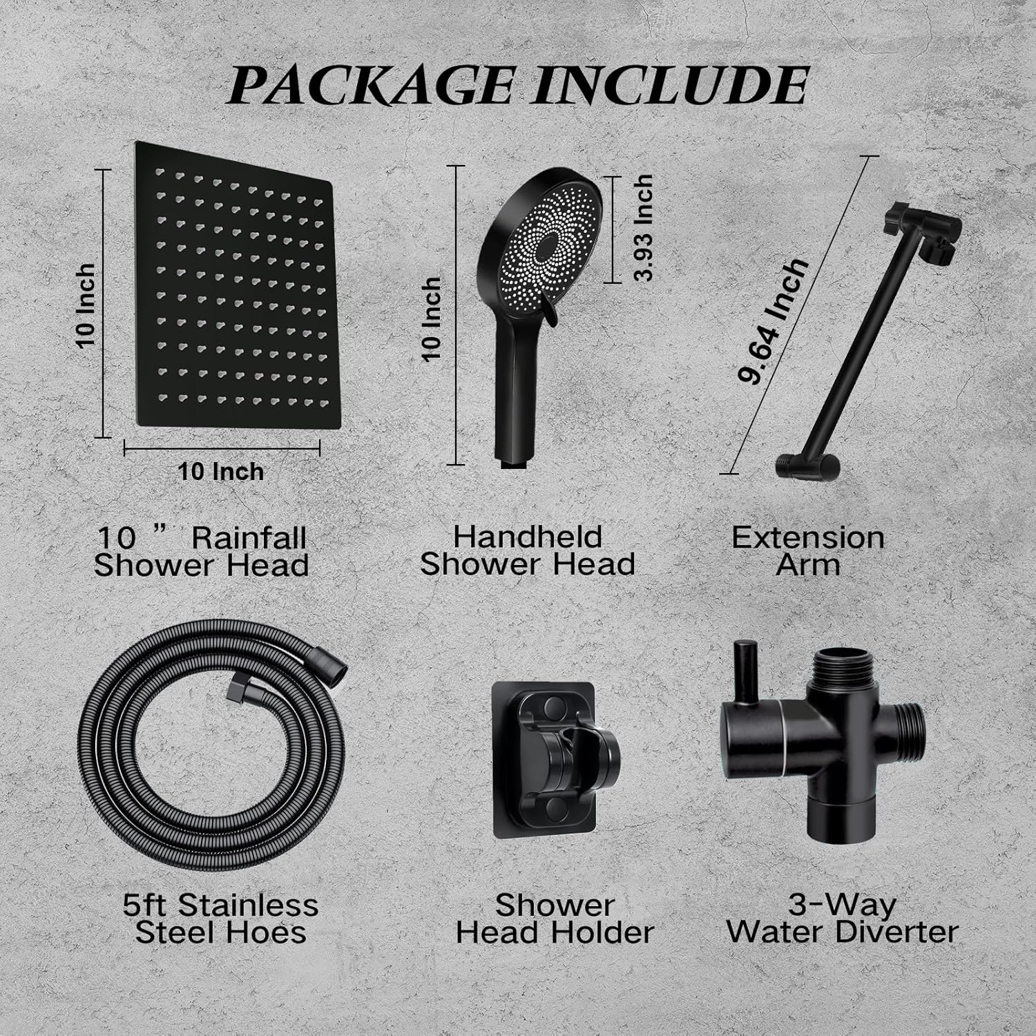 Skiennix 10” Rain Shower Head - High Pressure Handheld Spray Combo with Adjustable Arm | Matt Black