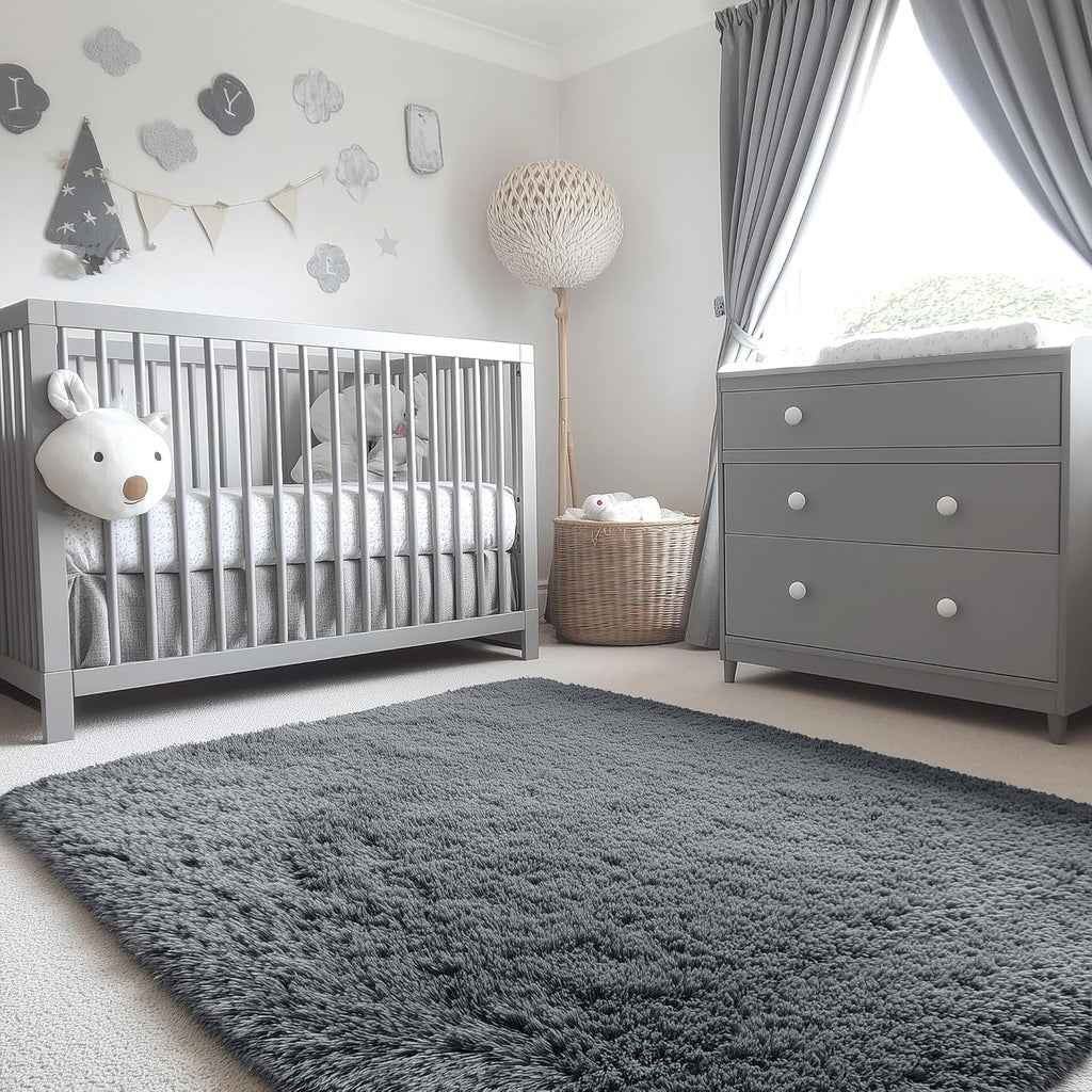 OLANLY Soft Fluffy Shaggy Bedside Rug - 3x5 Machine Washable Indoor Carpet for Kids & Nursery | Grey