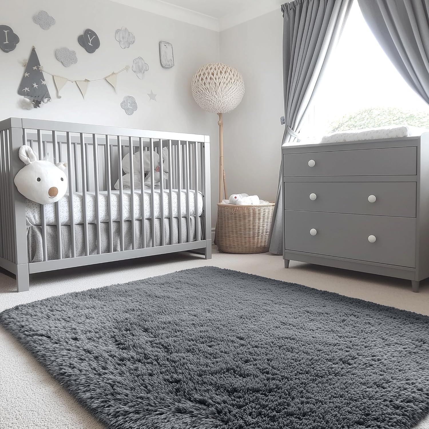 OLANLY Soft Fluffy Shaggy Bedside Rug - 3x5 Machine Washable Indoor Carpet for Kids & Nursery | Grey