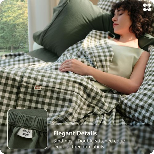 Bedsure 100% Washed Cotton Percale Sheets - Soft Gingham Queen Set with 18" Deep Pockets (Olive Green)