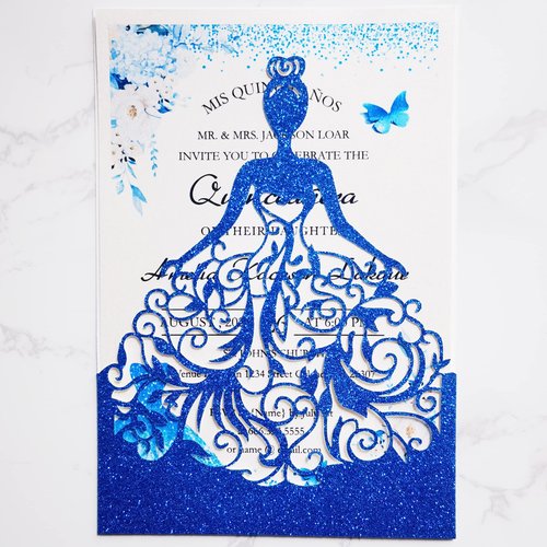 FLZOPYNE 50PCS Blank Quinceanera Invitations, 5 x7.3 Inch Laser Cut Girl Princess Invitation Card Kit with Envelopes for Quinceañera, XV Años, Mis Quince, Birthday Party Sweet 16 (Royal Blue Glitter)