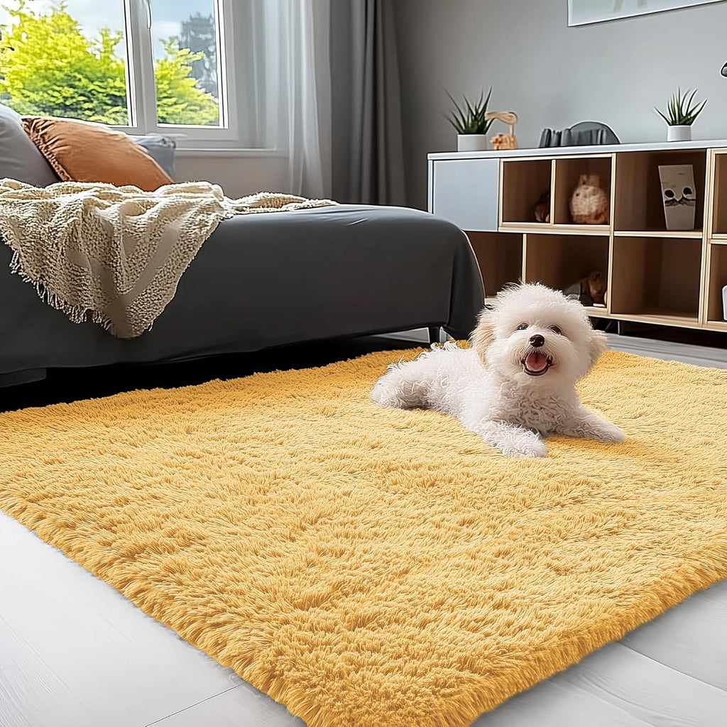 OLANLY Soft Fluffy Shaggy Small Bedside Rug - 3x5 Machine Washable Mustard Yellow Carpet for Kids & Nursery