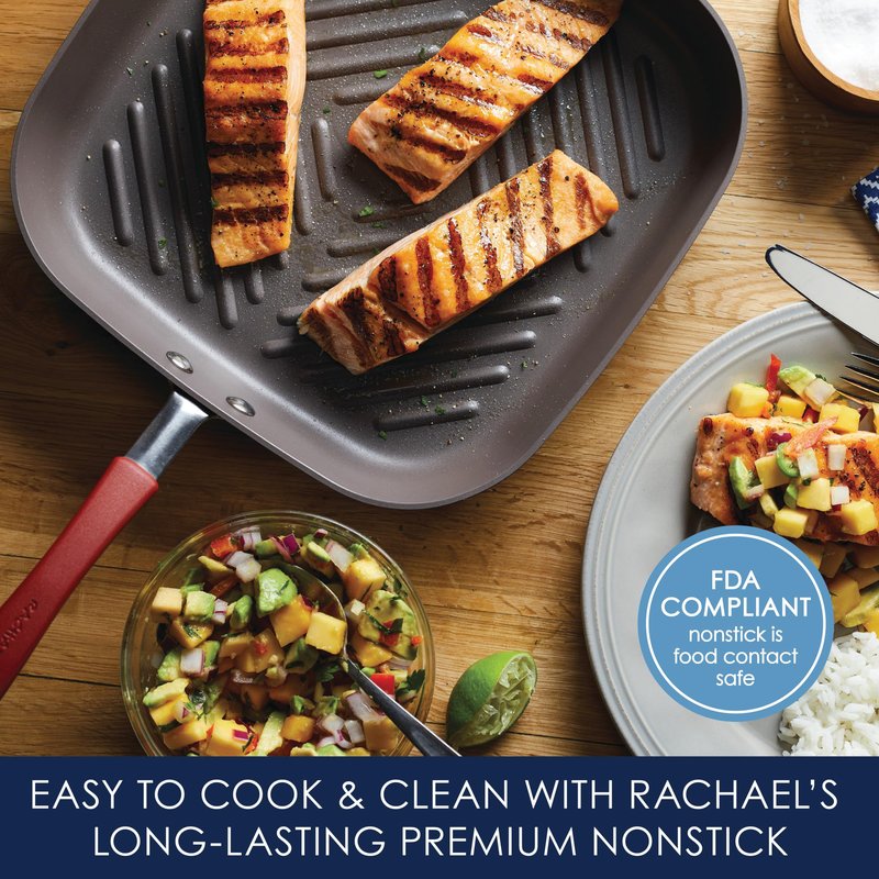 Rachael Ray Cucina Hard-Anodized Nonstick 11-Inch Deep Square Grill Pan, Gray with Cranberry Red Handle - 87632