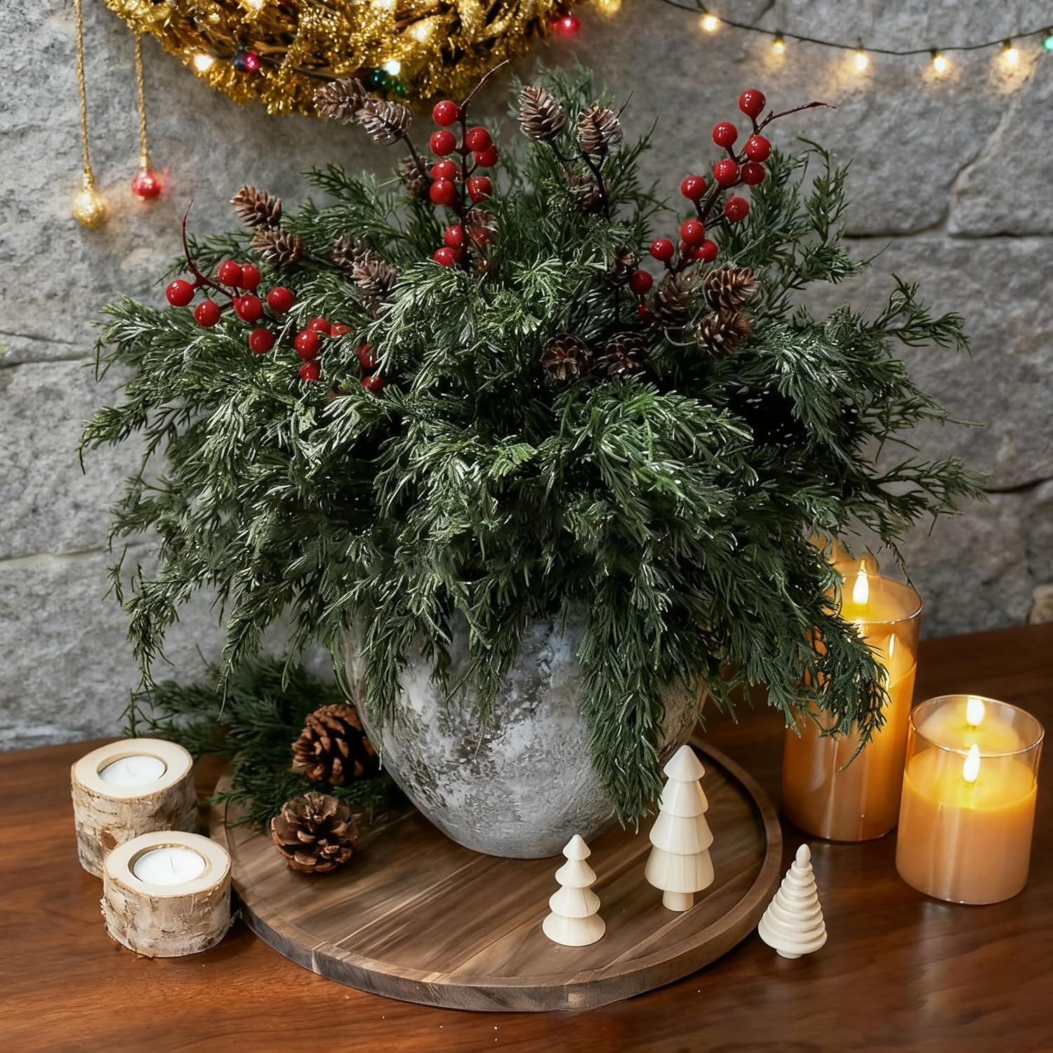 Skiennix Faux Cedar Stems - Realistic Norfolk Pine Branches for Christmas Decor | 12 Stems + Berries + Pinecones