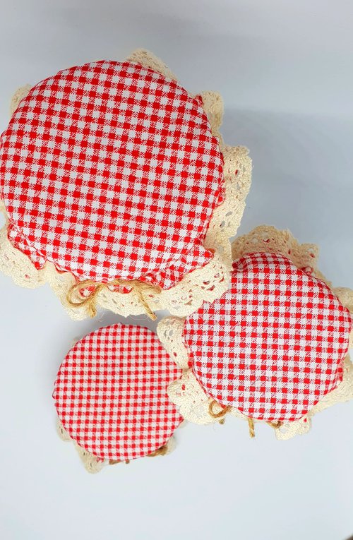 DLK - 10 Pieces Elasticated Jar Cover - 100% Cotton, Stretchy Red Gingham (Checkered) Pattern - Breathable Fermentation Lid Bowl - Reusable Elastic Cloth Covers