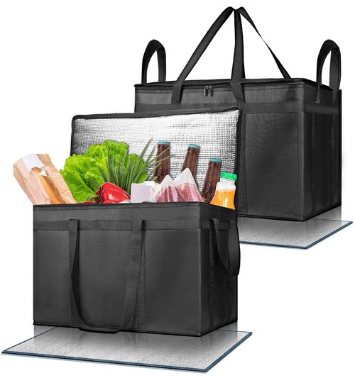 Pack of 2 Insulated Food Delivery Bag with Hard Bottom, XXXL Large Reusable Thermal Cooler Grocery Tote Bag, Commercial Pizza Delivery Box Carrier for Uber Eat, Door Dash Essentials, Hot and Cold Food