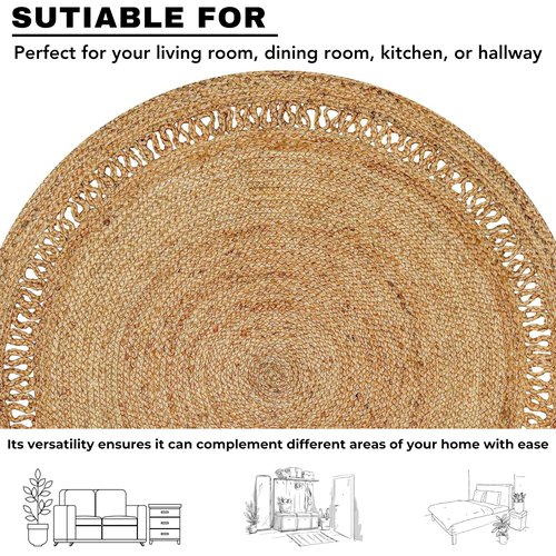 HOMIDATE Round Jute Rug 4 Foot, Braided Reversible Eco-Friendly Round Natural Jute Area Rug for Bedroom, Kitchen, Living Room, Farmhouse