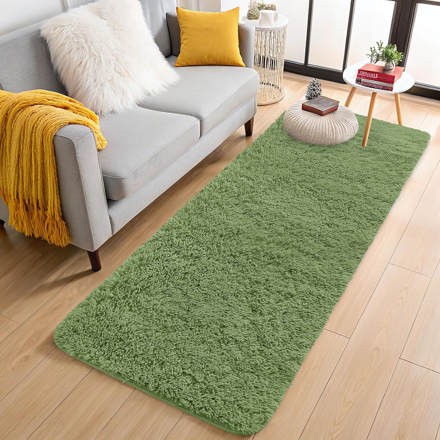 OLANLY 2x6 Machine Washable Runner Rug - Soft Fluffy Shaggy Carpet for Bedroom & Hallway | Green Home Decor