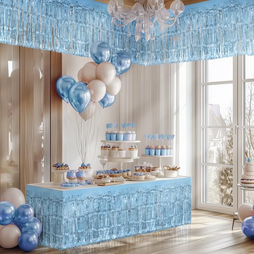 4 Pack Light Blue Table Skirts, 29x108" Metallic Foil Tinsel Fringe Table Skirts for Rectangle Tables Streamer Curtains Backdrop, Party Decorations for Birthdays Weddings Holidays