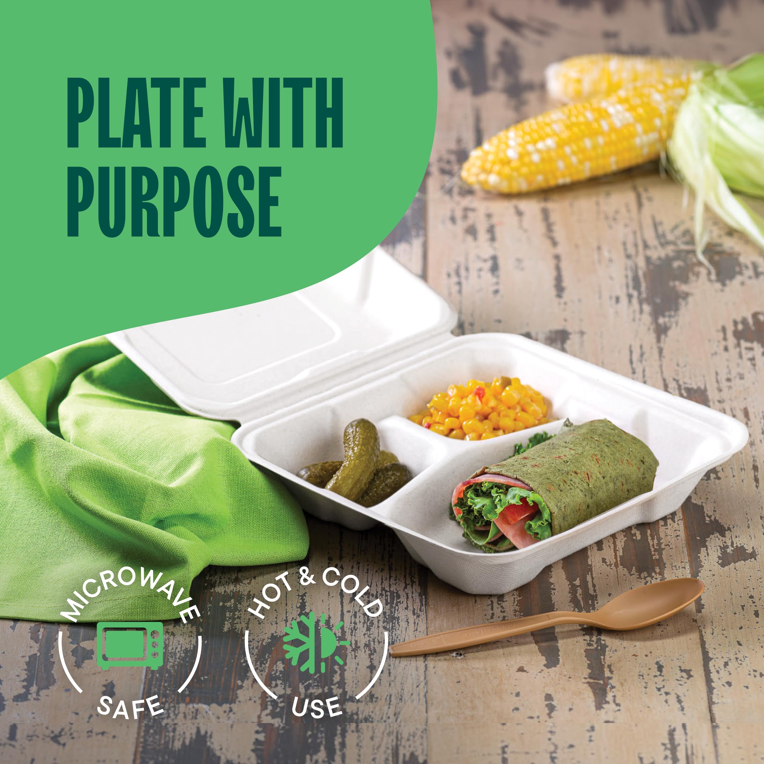 100% Compostable Clamshell Take Out Food Containers [8X8" 3-Compartment 200-Pack] Heavy-Duty Quality to go Containers, Natural Disposable Bagasse, Eco-Friendly Biodegradable Made of Sugar Cane Fibers