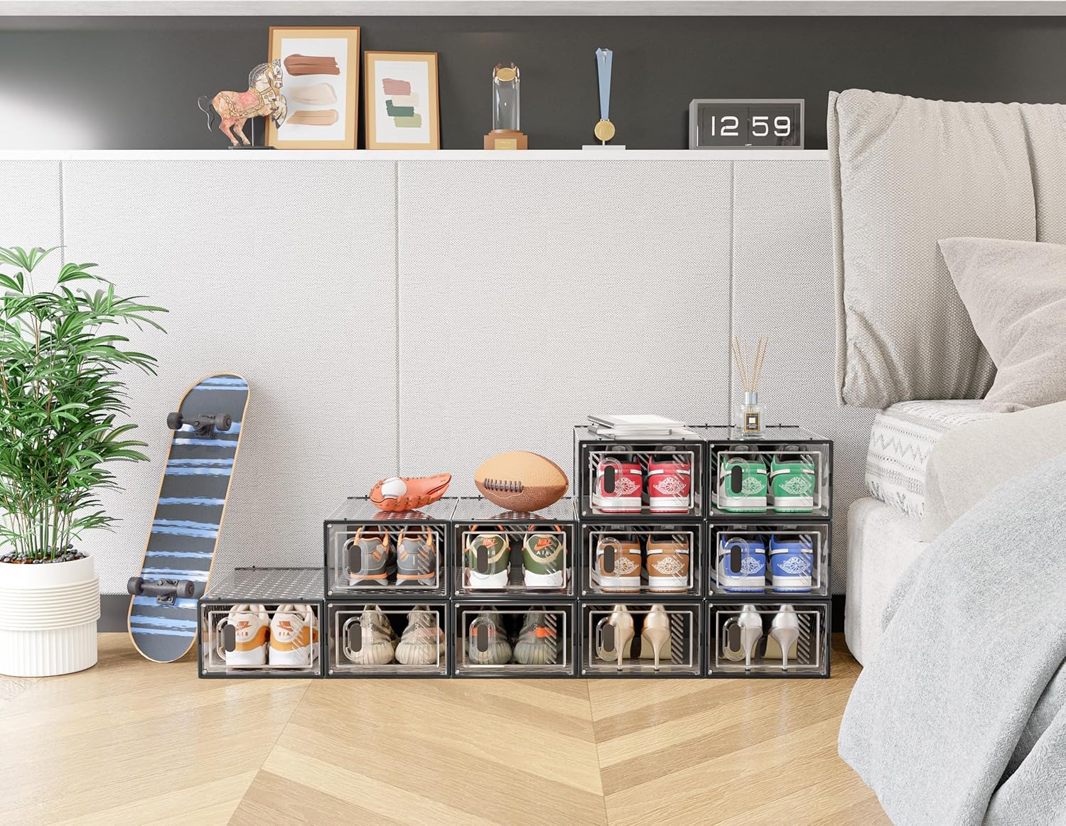SIMPDIY Shoe Organizer - 12 Pack Clear Plastic Stackable Shoe Storage Containers | Size 10, Black