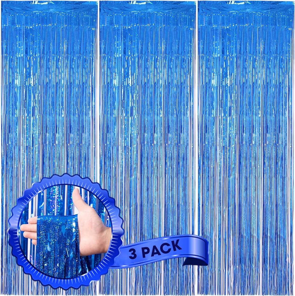 Voircoloria 3 Pack Laser Blue Foil Fringe Backdrop Curtains - 3.3 x 8.2 Ft Tinsel Streamers for Parties