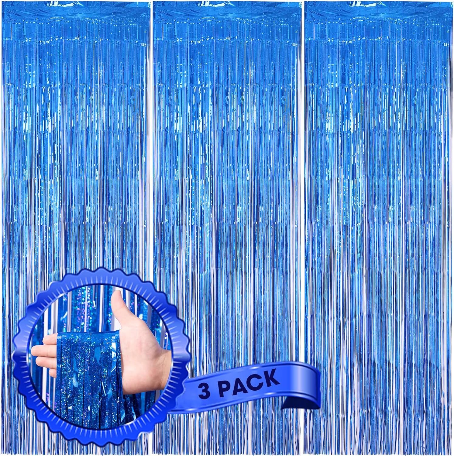 Voircoloria 3 Pack Laser Blue Foil Fringe Backdrop Curtains - 3.3 x 8.2 Ft Tinsel Streamers for Parties