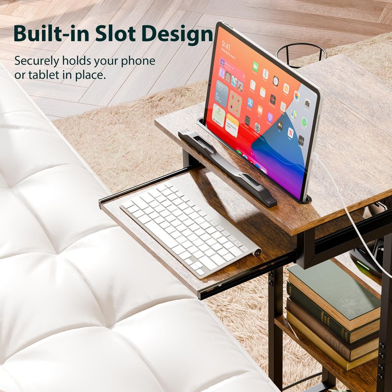 ZIFTY Couch Table with Charging Station and Storage Shelves 360°Swivel End Table with Shelves and Wheels C Shaped End Table for Laptops Tv Tray Side Table for Living Room Bedroom Rustic