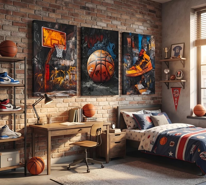 3pcs Graffiti Basketball Canvas Wall Art Basketball Court Sneakers Pictures Wall Decor Retro Abstract Graffiti Teen Posters Prints for Teen Boys Living Room Bedroom Decoration Ready To Hang