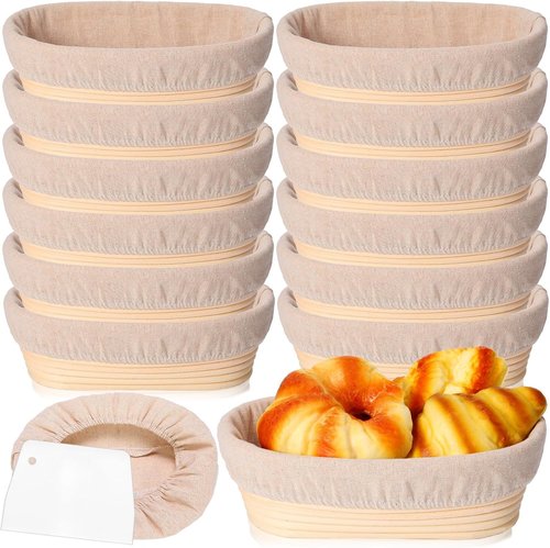 Gejoy 12 Set Bread Proofing Baskets - Oval Banneton Dough Bowls with Cloth Liner & Scraper | 10 Inch Sourdough Kit