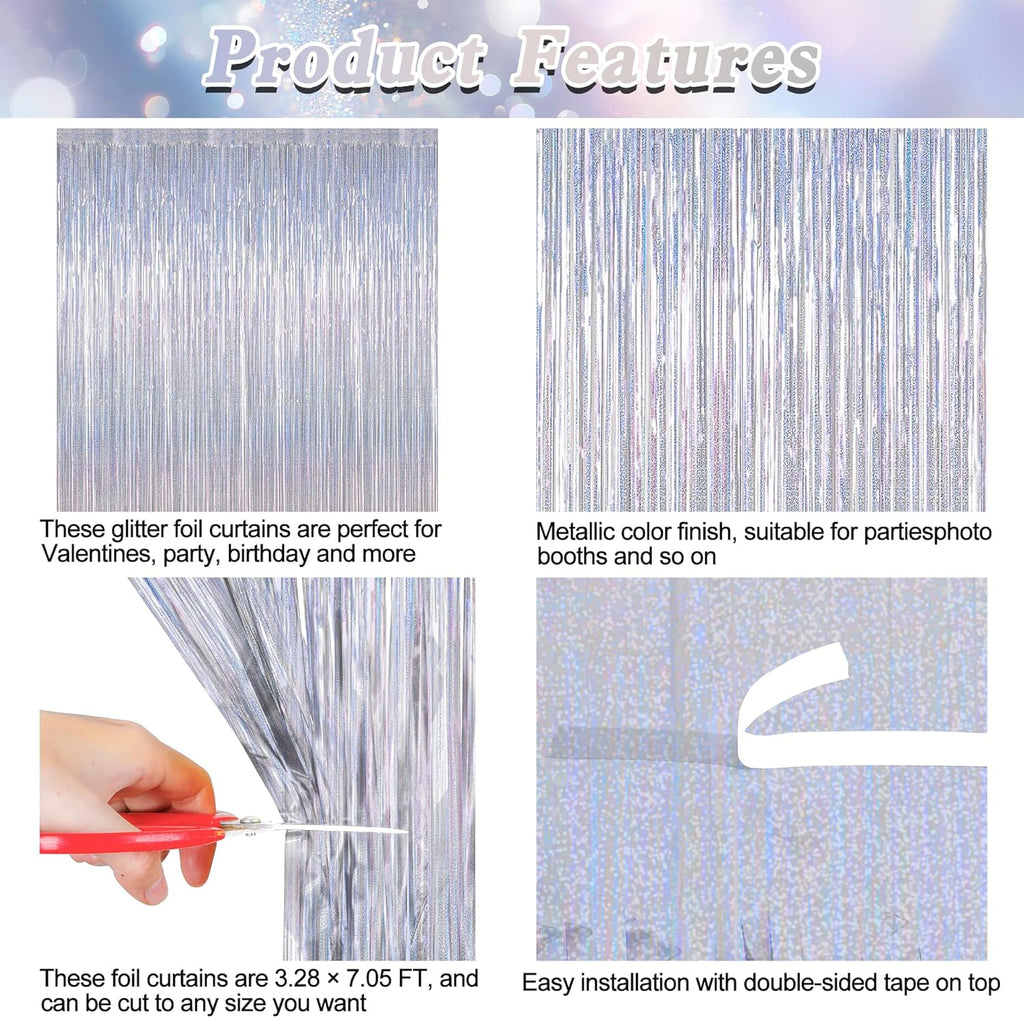 Skiennix Silver Tinsel Foil Curtain - 4 Pack Glitter Backdrop for Parties | 3.28 FT x 7.05 FT