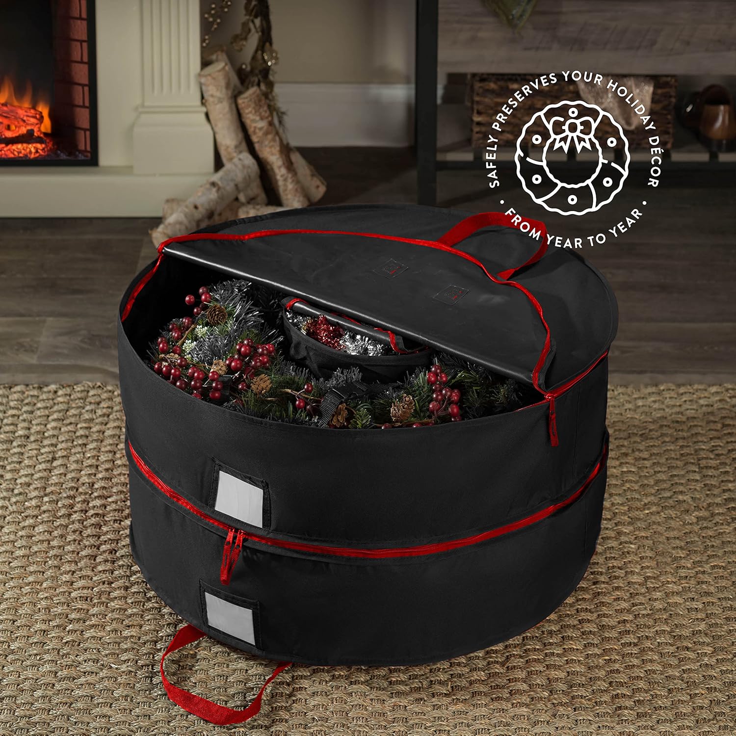 ZOBER Wreath Storage Bag - 36 Inch Capacity for 2 Wreaths | Durable 600D Oxford Fabric - Black